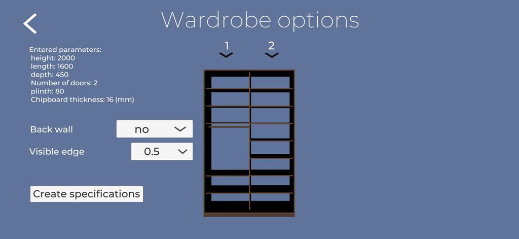 Wardrobe Designer app interface showing custom closet dimensions and interior shelf layout options