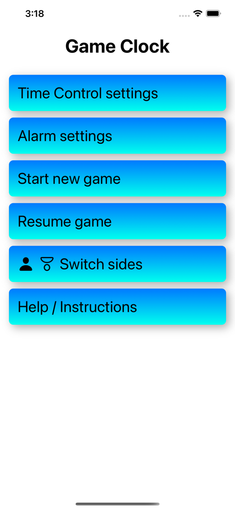 Game Clock (Chess, Go, Shogi) - Pantalla del menú principal de la aplicación Game Clock mostrando opciones de control de tiempo, configuración de alarmas y gestión de partidas.