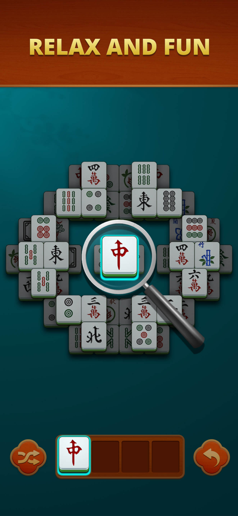 Mahjong Match - Pair Puzzle - Ein Gameplay-Screenshot von Mahjong Match, der ein Puzzlebrett mit einer Lupe zeigt, die eine Mahjong-Kachel hervorhebt, und den Text Entspannung und Spaß.