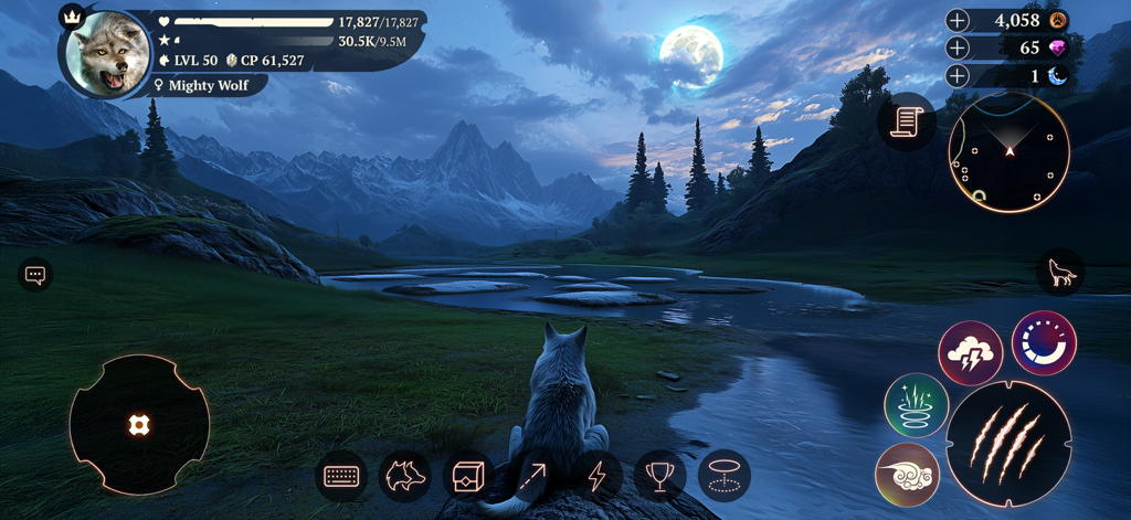 Un lobo blanco sentado en un paisaje montañoso realista en 3D bajo la luna llena con la interfaz del juego en The Wolf Animal Game MMORPG