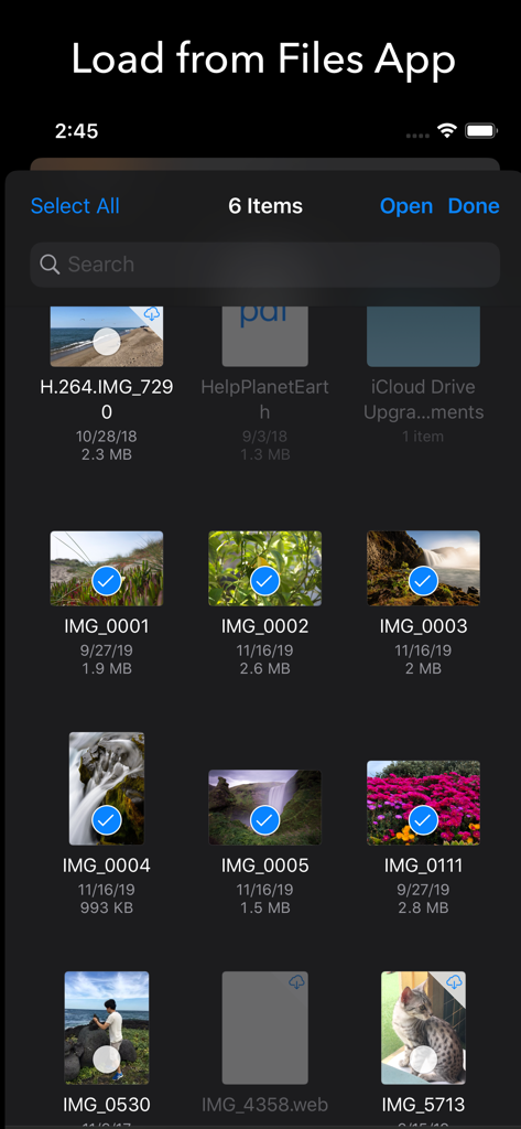 Screenshot of EXIF Tool interface showing multiple photos selected for metadata analysis from the iOS Files App