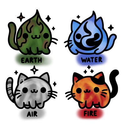 4 cats that represent the different elements, earth, water, air, and fire