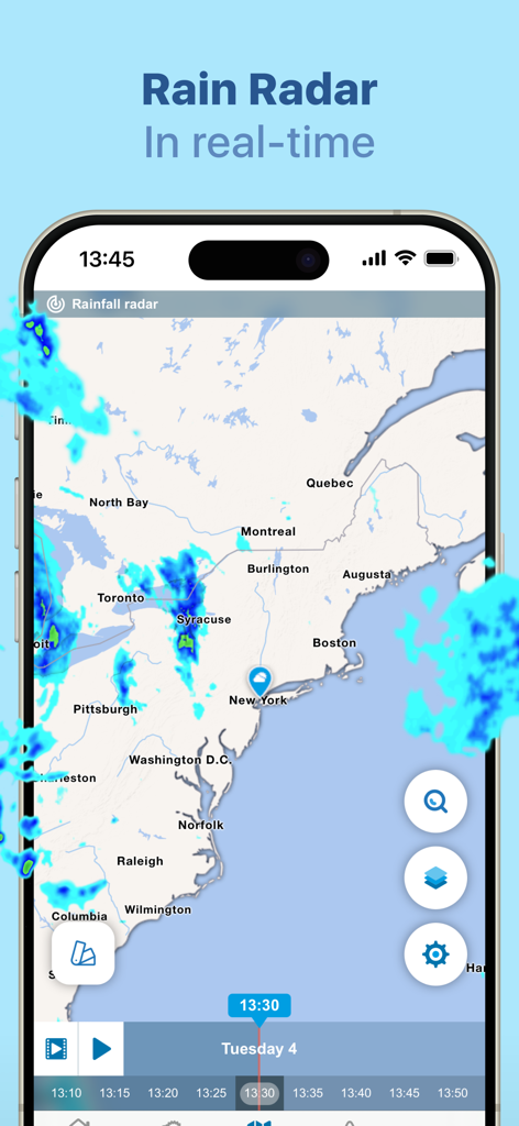 Real-time rainfall radar map on the Meteored weather app showing precipitation patterns over New York and the surrounding region