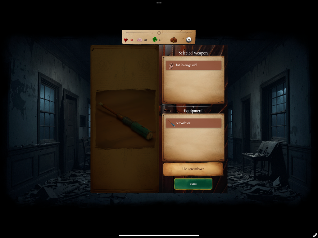 Angor : RPG - Inventory and equipment selection screen in the dark fantasy game Angor RPG featuring a screwdriver item.