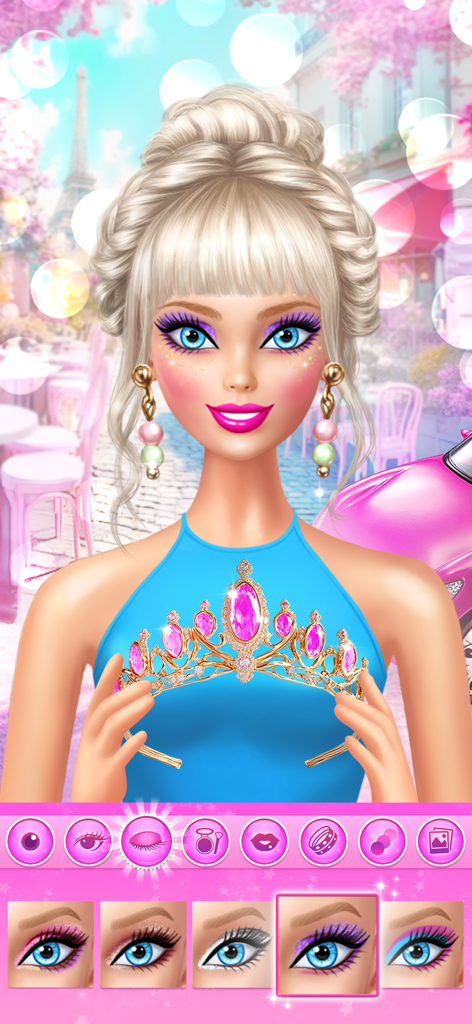 Doll Dress Up: Dream House - A doll with blonde hair and blue eyes wearing a pink tiara and purple eyeshadow in a makeup game interface