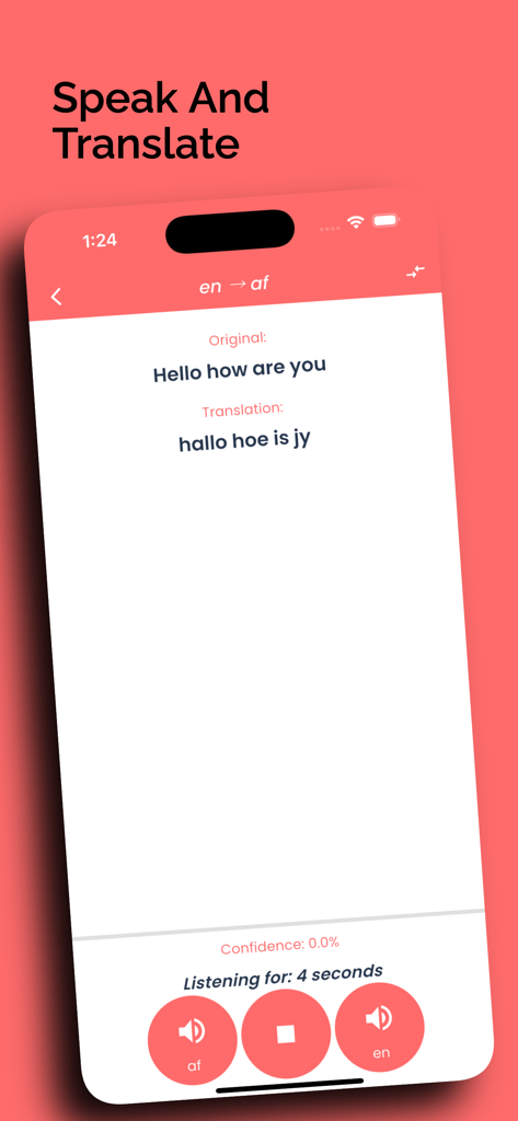 Afrikaans Translator Offline - Afrikaans Translator app Speak and Translate feature screen showing English to Afrikaans voice translation