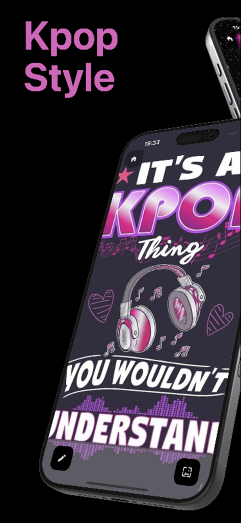 Écran de smartphone montrant un fond d'écran sur le thème Kpop rose et violet avec des écouteurs de musique