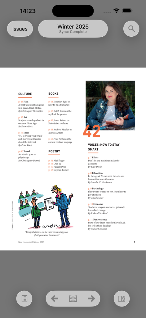 New Humanist - L'écran de table des matières du numéro hiver 2025 de l'application du magazine New Humanist, montrant des articles sur la culture et la science.