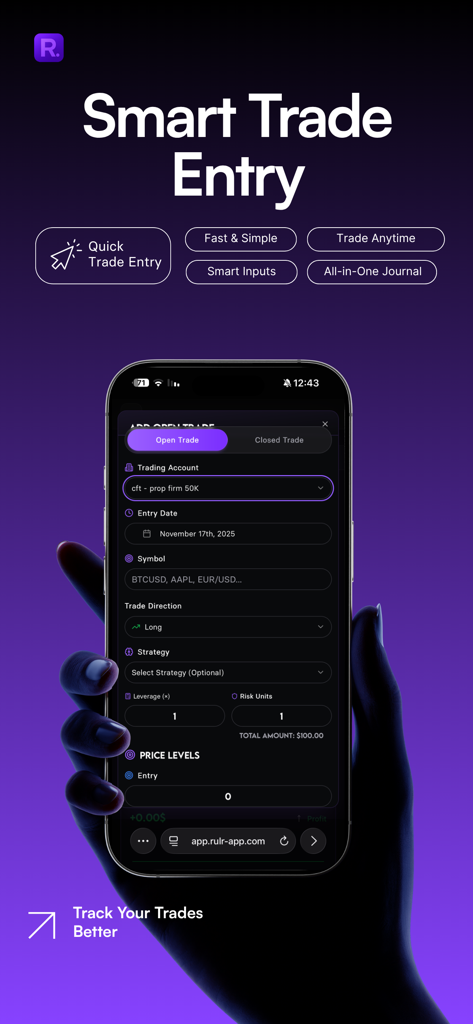 Smart trade entry screen on the Rulr mobile app showing fields for recording trading data