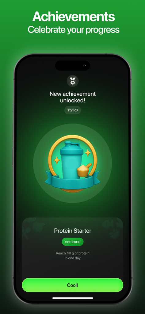 GoTall app screenshot showing a Protein Starter achievement for reaching daily protein goals