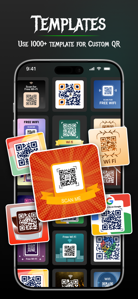 Una variedad de plantillas de códigos QR personalizados para Wi-Fi, negocios y compartir en redes sociales dentro de la interfaz de la aplicación ScanMaster.