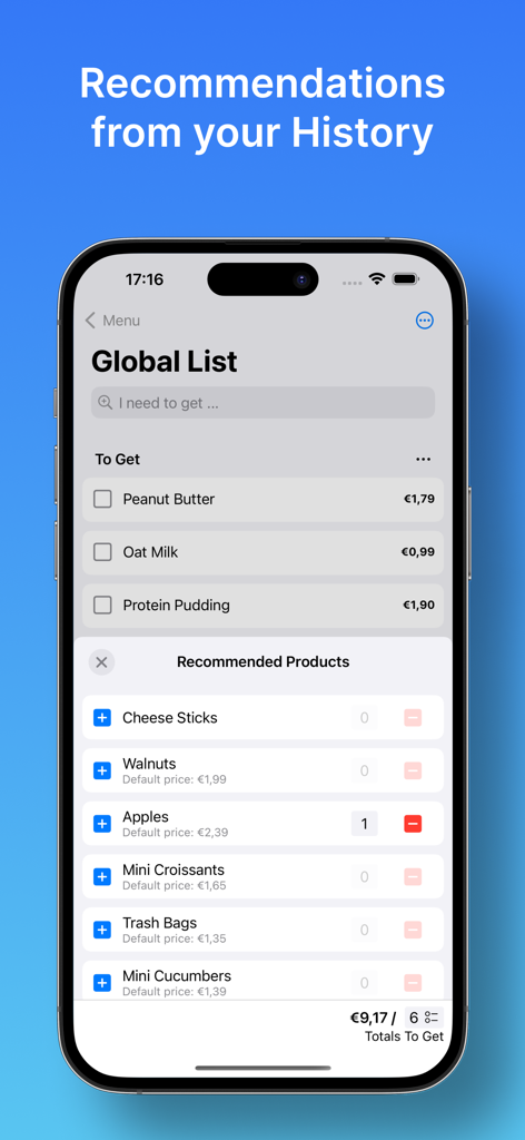 Groceries Tracker app - Groceries Tracker app interface showing smart product recommendations based on shopping history.