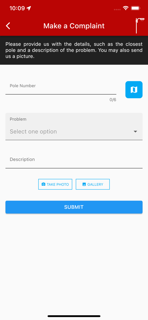 BLPC Connect - BLPC Connect mobile app screen for reporting utility infrastructure issues with a photo upload option