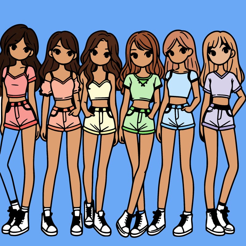 a group of girls wearing crop tops and shorts