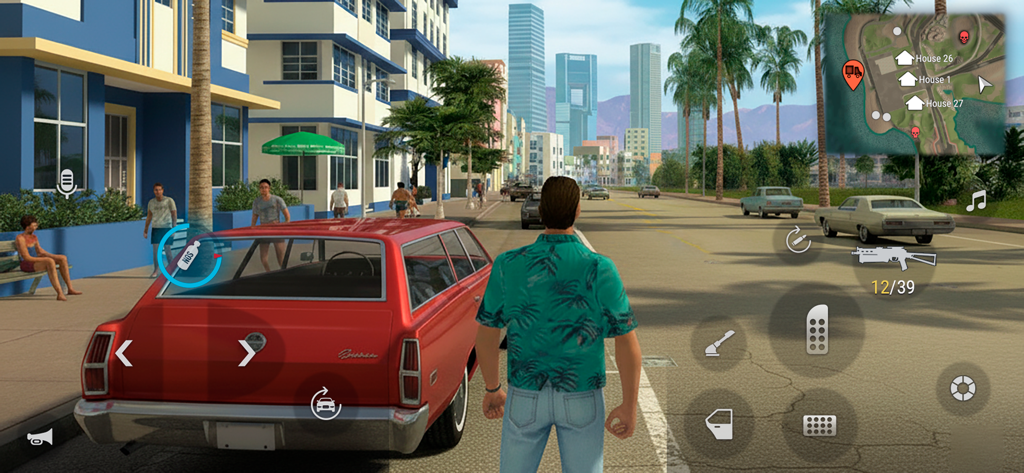 Captura de tela de jogabilidade mostrando um personagem em pé atrás de um carro clássico vermelho em uma cidade tropical ensolarada com um minimapa e ícones de armas