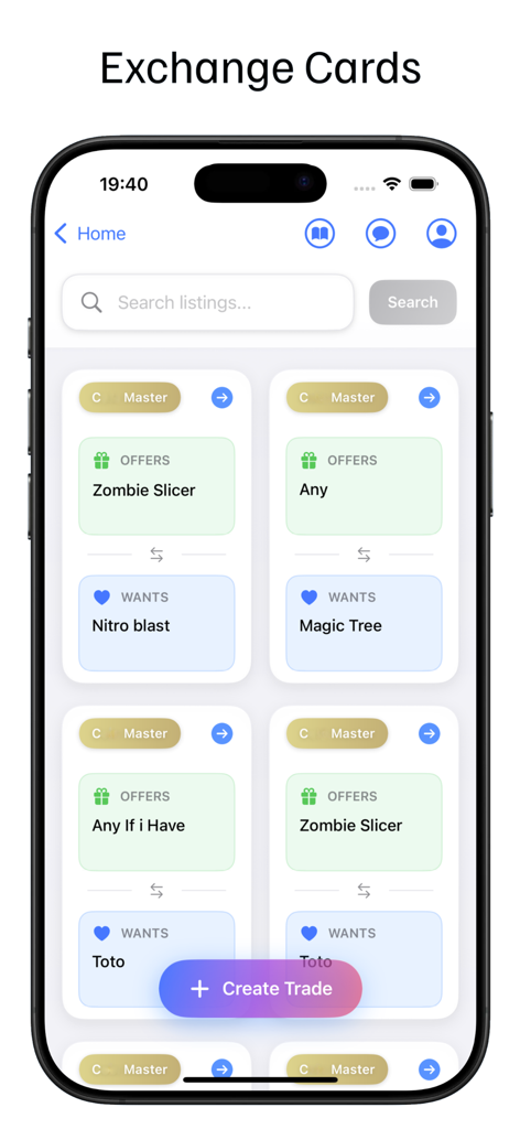 Rewards Master: Daily Bonuses - App interface for trading digital cards showing available offers and wants.