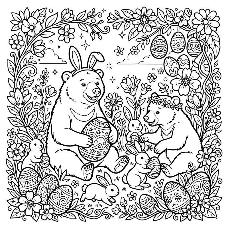 Get ready for an adorable Easter celebration with our unique sun bear coloring page! This intricate design, perfect for teens, combines charming wildlife with festive spring elements.