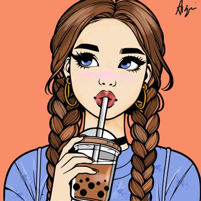 realistic girl with braided hair drinking boba