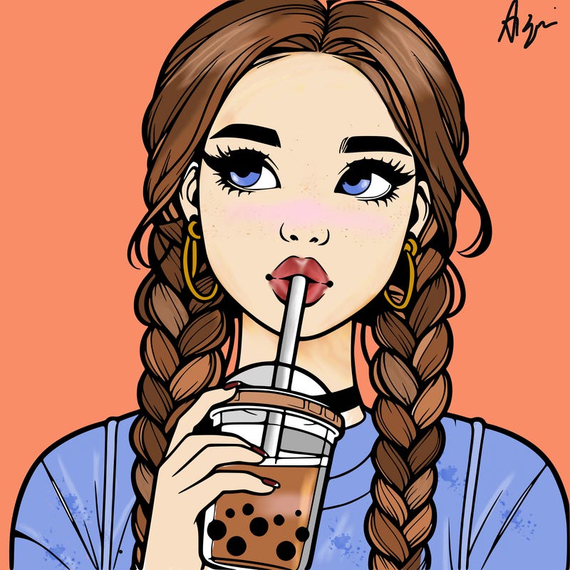 realistic girl with braided hair drinking boba