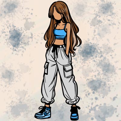 girl in baggy pants crop top and long hair