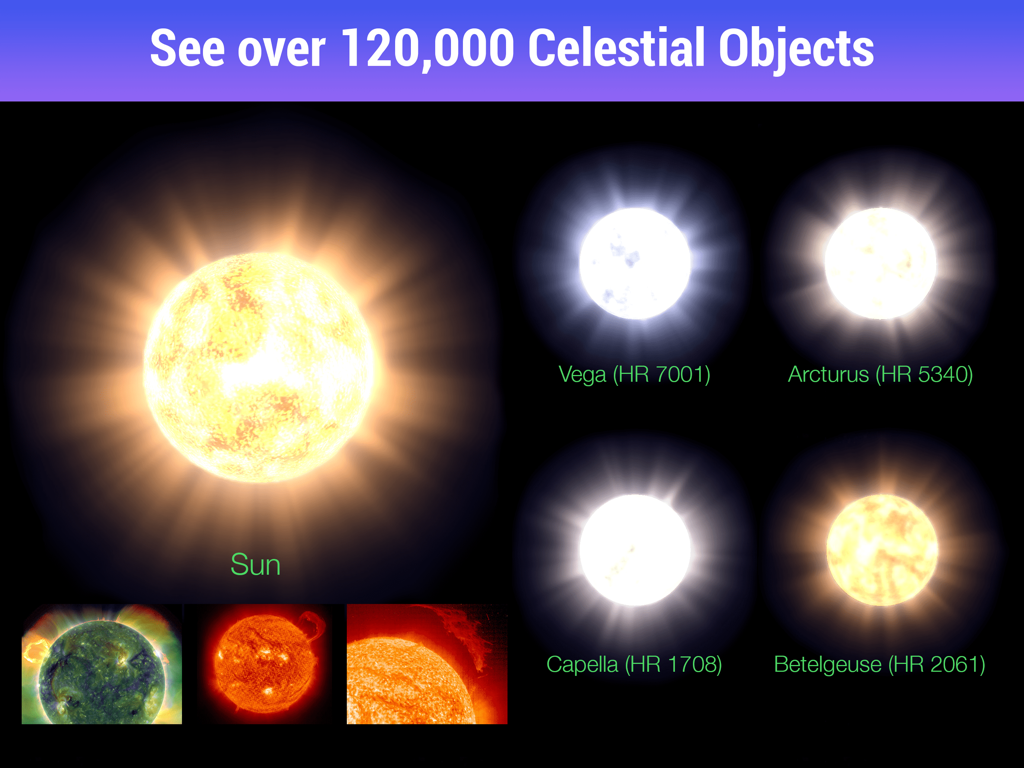 Star Walk HD - Night Sky View - Visualizzazione educativa di stelle, tra cui Sole, Vega e Betelgeuse, nell'app Star Walk HD