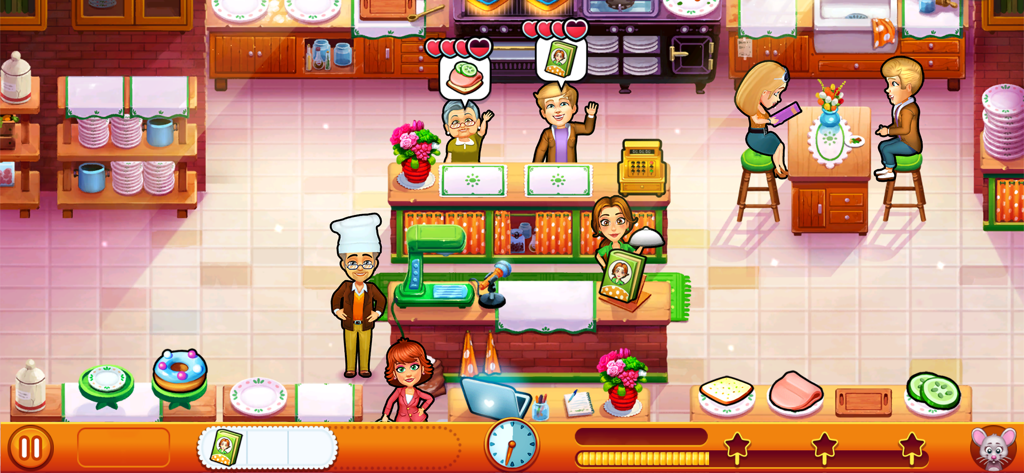 Gameplay-Screenshot von Delicious Miracle of Life, der zeigt, wie Emily Kunden in einer Küche mit Lebensmitteln und Bestellblasen bedient