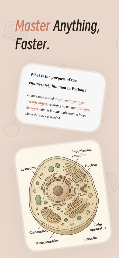 La aplicación Noolingo muestra tarjetas didácticas para programación en Python y diagramas de células biológicas con el titular Domina Cualquier Cosa Más Rápido
