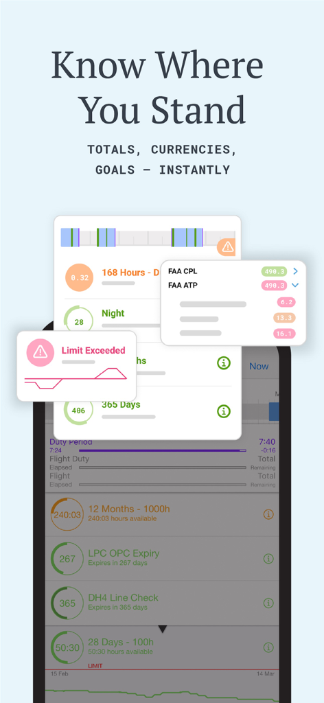 LogTen Pilot Logbook - App screen showing pilot flight totals currency limits and goals tracking