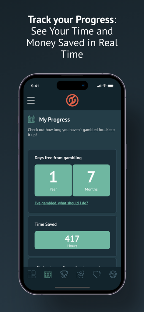 ギャンブルからの日数と節約された総時間を含む回復マイルストーンを表示するGambanアプリのダッシュボード