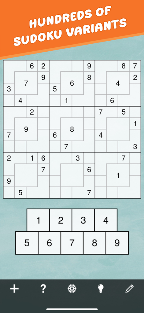 Sudoku Mega Bundle - A complex Sudoku variant grid from the Mega Bundle app showing unique internal shaded regions and a number entry pad.