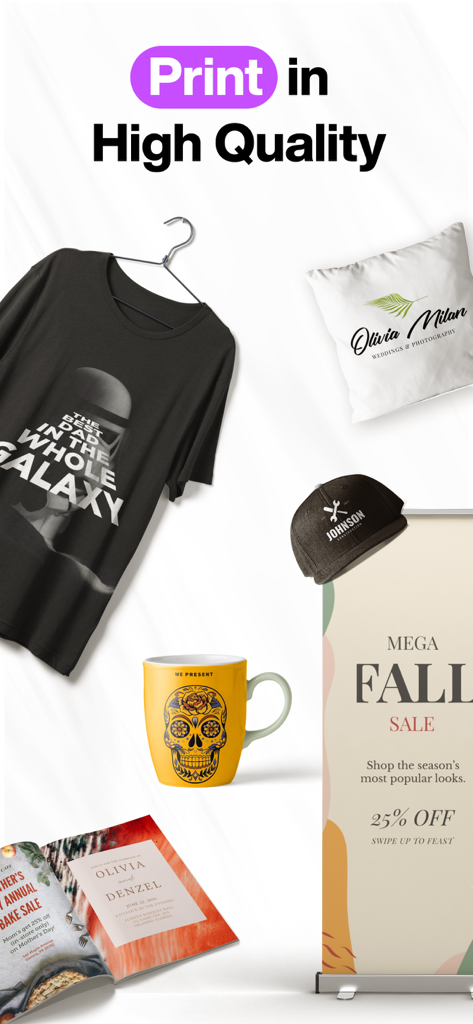 Custom graphic designs on a t-shirt, mug, and promotional banner