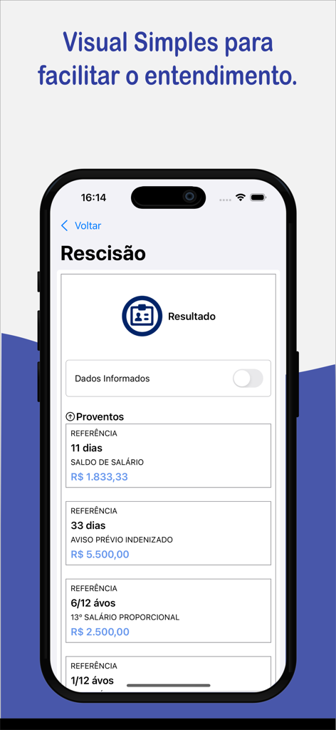 Mobile app interface showing Brazilian labor termination results like salary balance and severance pay