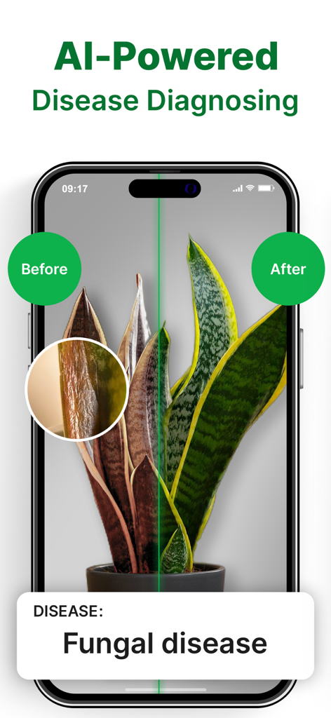 Interface do aplicativo Leafy mostrando diagnóstico de doenças de plantas por IA para uma planta-serpente com doença fúngica.