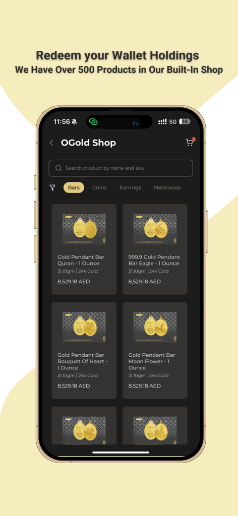 Tienda dentro de la aplicación OGold Wallet que muestra barras y colgantes de oro disponibles para canjear