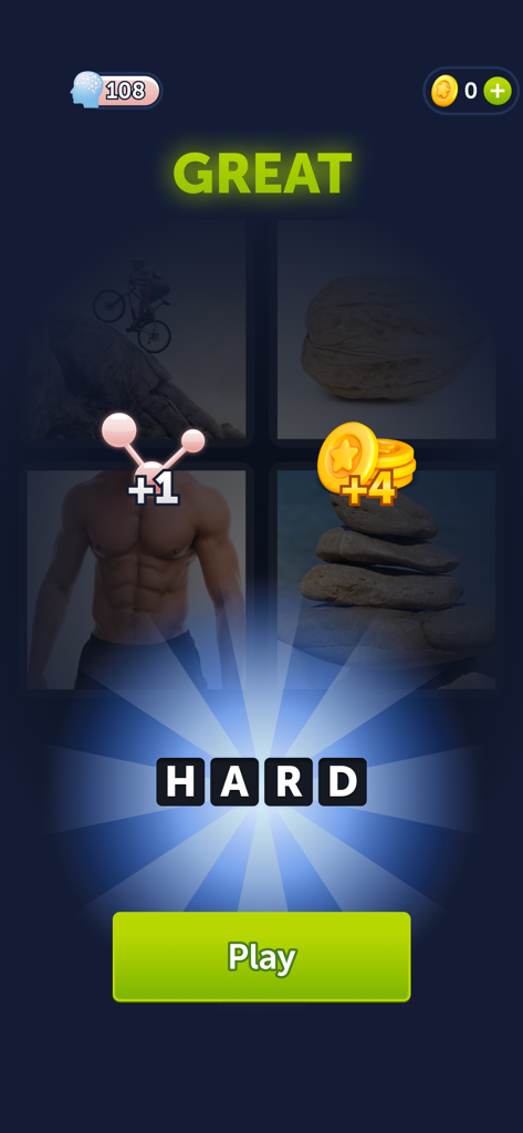 4 Pics 1 Word - Ein abgeschlossenes Rätsel in 4 Bilder 1 Wort, das das Wort SCHWER mit Bildern eines Radfahrers, einer Walnuss, eines muskulösen Torsos und gestapelten Steinen zeigt