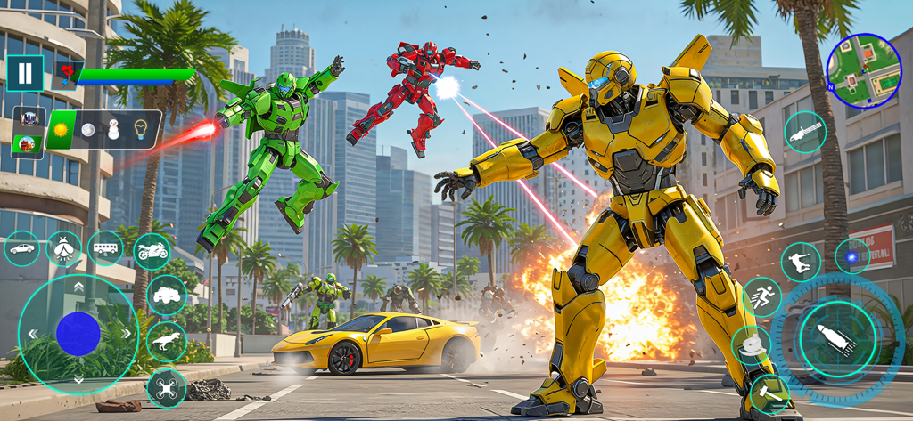 Robot Games - Mech War Games - Giant robots engage in a futuristic city battle with laser beams and explosions