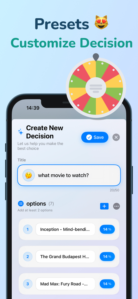 Custom decision screen in the Random Wheel Generator app showing a list of movies to pick from.