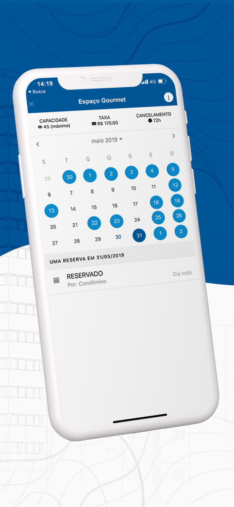 LLOYD 앱 인터페이스, 주거 단지의 요리 공간 예약을 위한 월간 캘린더 표시