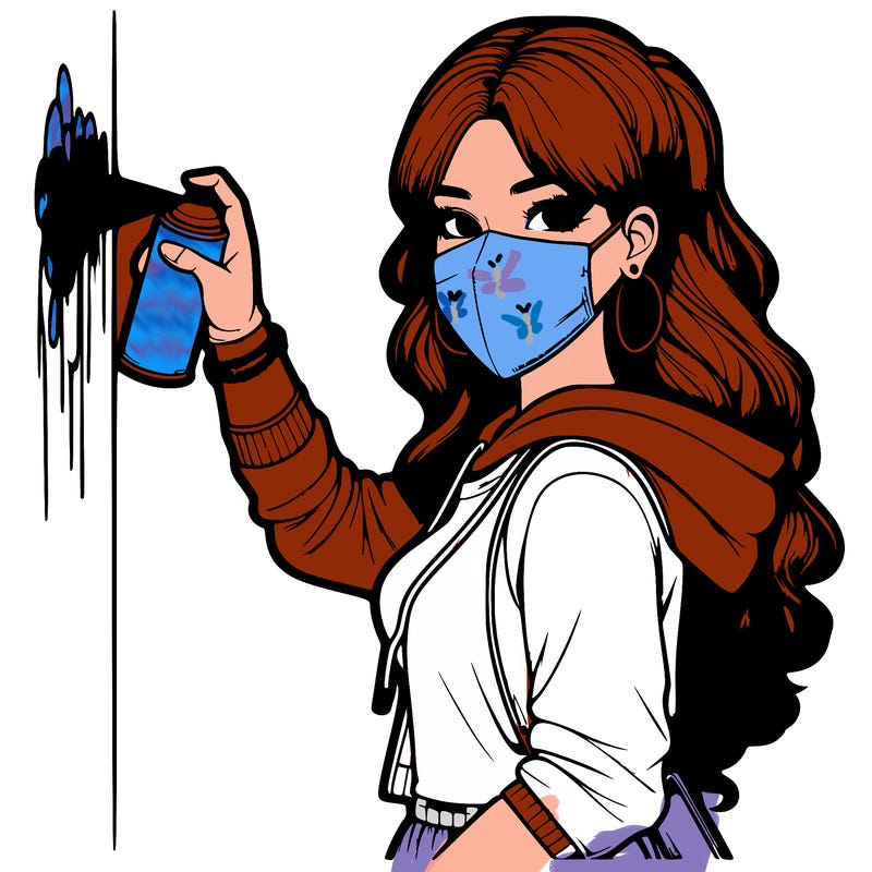 realistic girl with mask spray painting a wall