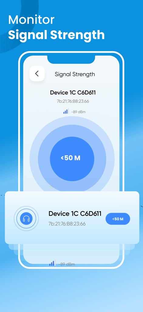 Bluetooth Finder - Scanner - Interface showing real-time Bluetooth signal strength and estimated distance tracking for a connected device
