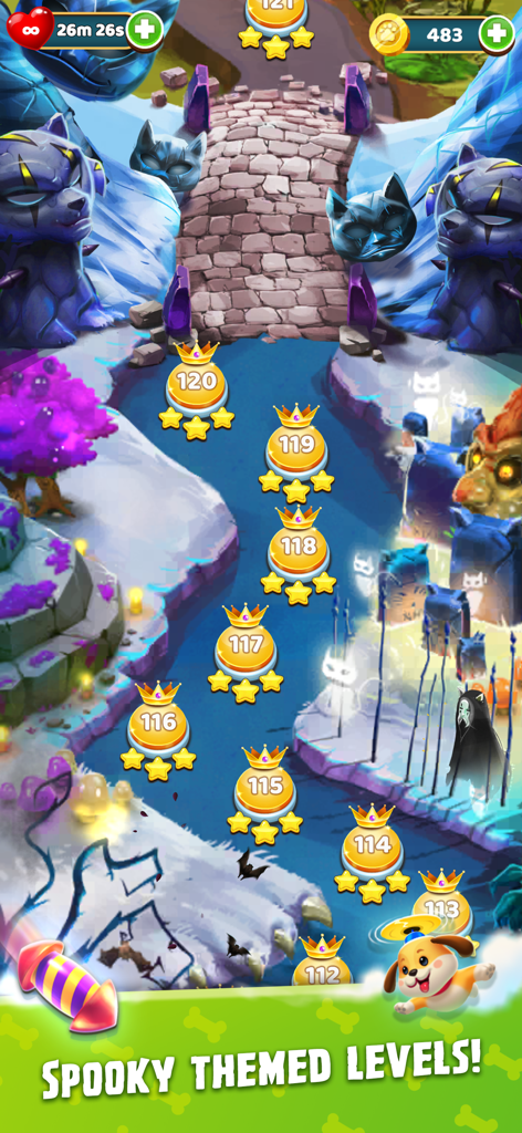 Bubble Shooter King - Map showing spooky themed game levels in Bubble Shooter King with a cute dog hero.