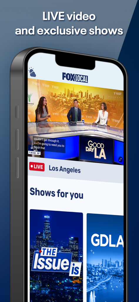FOX LOCAL: Live News & Weather - A smartphone displaying the FOX LOCAL app with a live news broadcast from Los Angeles and recommended shows.