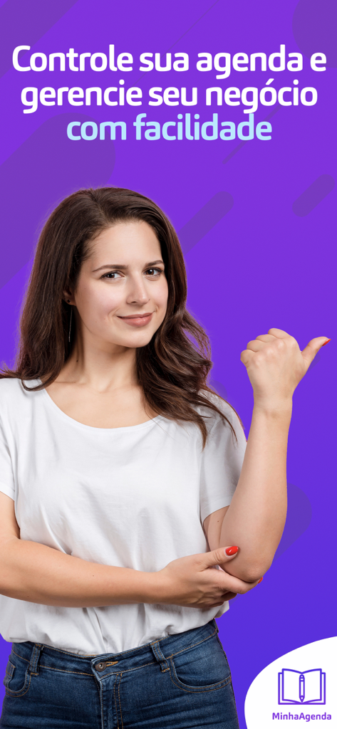 Minha Agenda pra profissionais - Professional woman pointing to text about business management and schedule control for the Minha Agenda app
