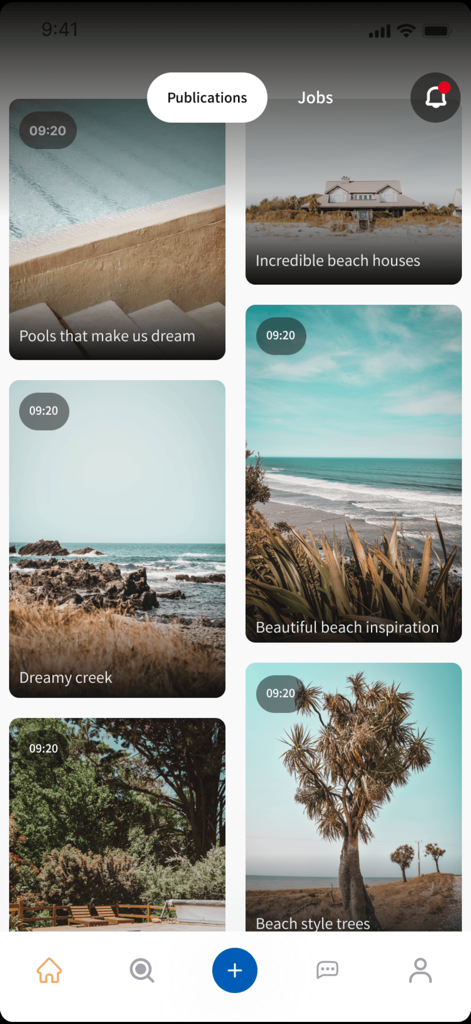 Auneアプリの公開フィード、ビーチハウスや旅行のインスピレーションのためのプロフェッショナル動画のサムネイルが表示されています