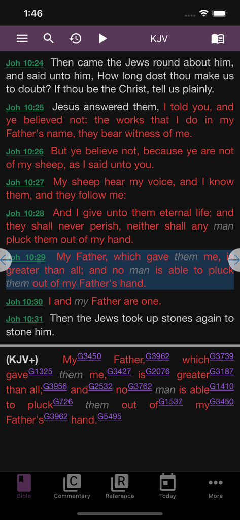 Interfaz de la aplicación e-Sword LT que muestra versículos de la Biblia King James con números de concordancia de Strong para un estudio detallado de palabras