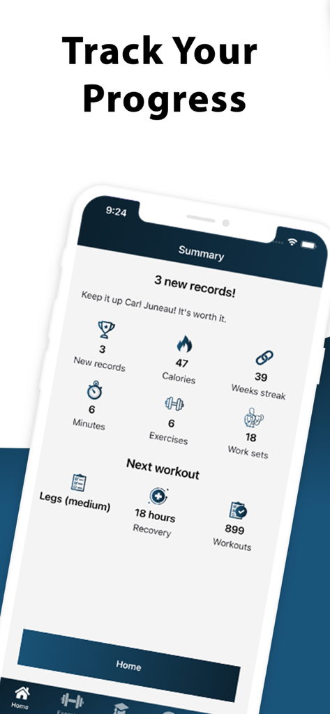 Dr. Muscle AI Personal Trainer - Pantalla de la aplicación Dr. Muscle AI Entrenador Personal mostrando un resumen del progreso del entrenamiento que incluye nuevos récords, calorías quemadas y series de trabajo.