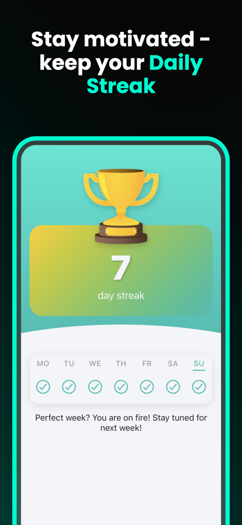 LOGIC Duel: Math Games - A screen showing a 7 day daily streak with a golden trophy in the LOGIC Duel math games app