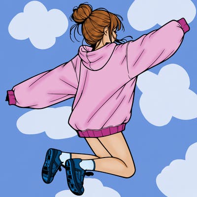 realistic girl jumping with a bun and oversized sweatshirt