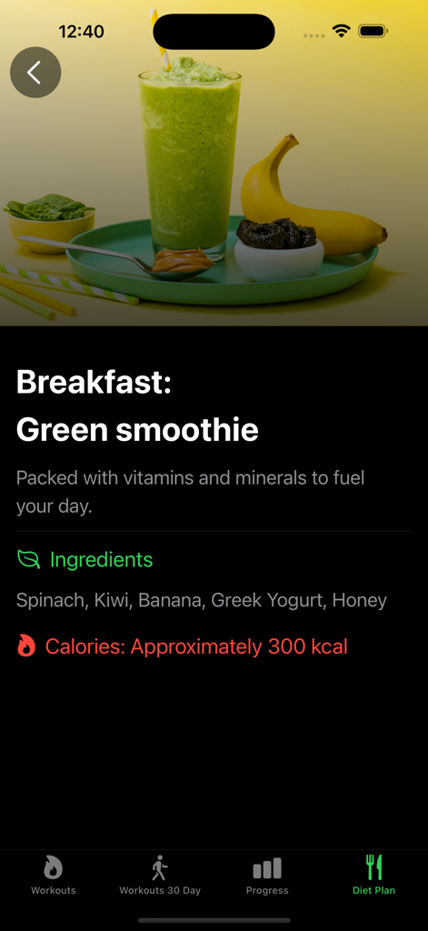 Lose Belly Fat: Women Fitness - Una receta saludable de batido verde para el desayuno con ingredientes y calorías listadas en una aplicación de fitness para mujeres.