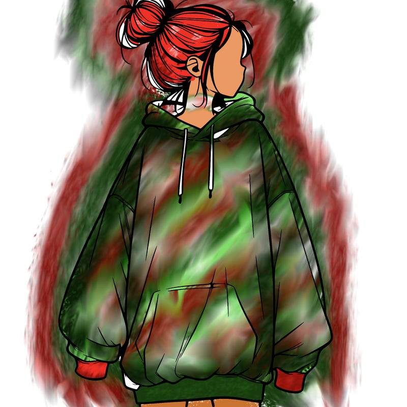 realistic girl with a oversized sweatshirt on and a bun
